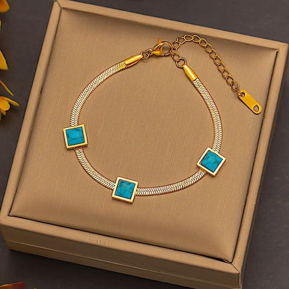 Gold Turquoise Pendant Matching Bracelet Set Herringbone 18K Gold Plated